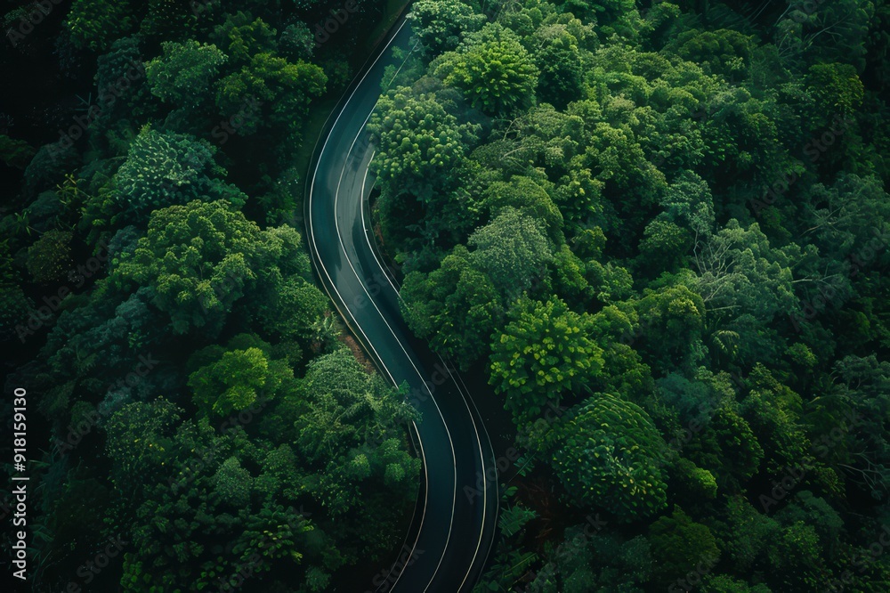 A scenic view of a winding road through a forest A scenic view of a winding road through a forest