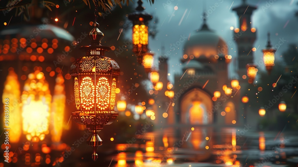 Ornamental Arabic lantern with burning candle glowing at night Ramadan Kareem concept with blur light bokeh. Ornamental Arabic lantern with burning candle glowing at night Ramadan Kareem concept with blur light bokeh.