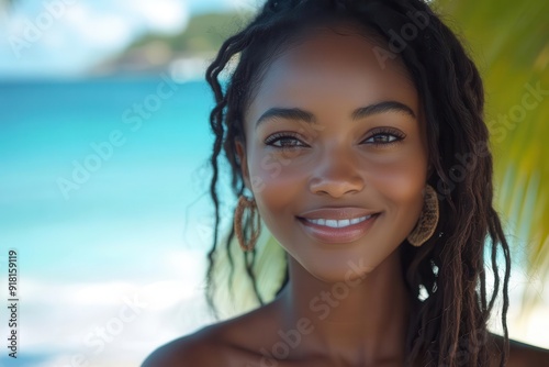 young african woman with radiant smile posing on a sundrenched beach turquoise ocean waters and golden sand create a picturesque vacation backdrop