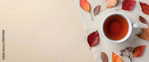Warm Tea Surrounded By Autumn Leaves on a Beige Surface