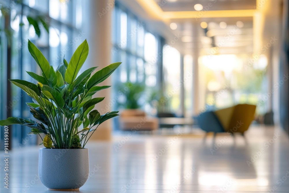 Blurred view of a contemporary office lobby with plants and seating with generative ai Blurred view of a contemporary office lobby with plants and seating with generative ai