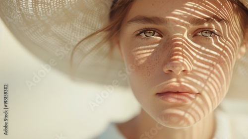 Young Woman With Straw Hat and Sunshine Shadows on Face at Beach