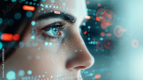 Close-Up of a Woman's Eye Surrounded by Digital Elements in a Futuristic Setting