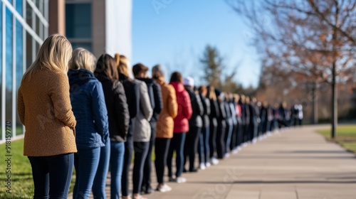A line of voters waiting outside a polling place, with a clear blue sky and campaign signs along the pathway 