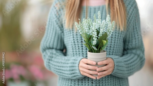 Woman Holding Small Potted Plant Indoors in Cozy Sweater During Daylight