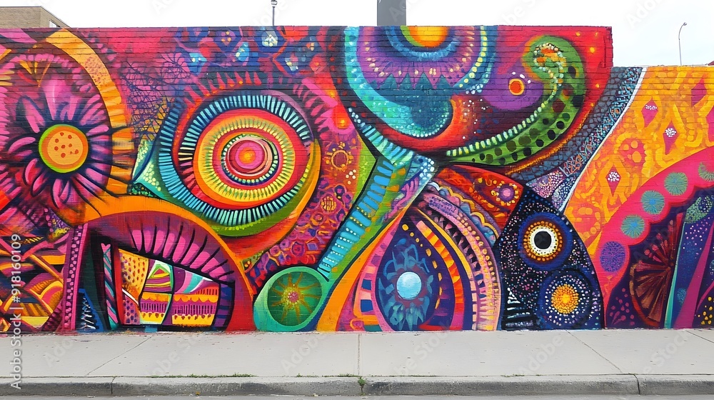 Naklejka premium 9. Żywy mural w stylu sztuki ulicznej, charakteryzujący się skomplikowanymi wzorami i wyrazistymi kolorami