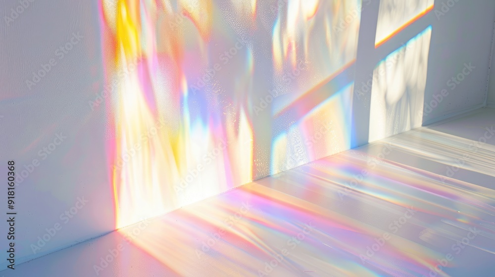 Overlay effect for photo and mockups. Organic drop diagonal shadow and ray of light with rainbow from window on a white wall. Overlay effect for photo and mockups. Organic drop diagonal shadow and ray of light with rainbow from window on a white wall.