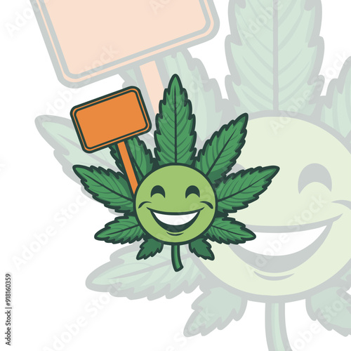 Vector Illustrated Happy Cannabis Leaf with Sign Logo Template