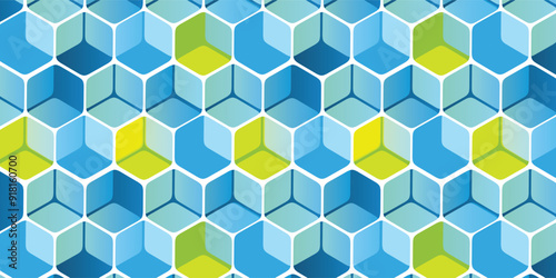 Modern Style 3D Cuboids Texture Colored in Shades of Blue and Green - Mosaic Pattern, Editable Abstract Geometric Background Design, Vector Template