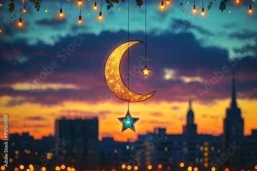 Crescent Moon and Star Urban Twilight Islam Religion Spiritual Symbol - Generative AI photo