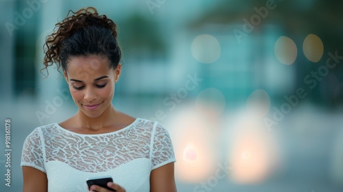 Smiling Woman With Curly Hair Holding Smartphone in Urban Setting During Dayl...