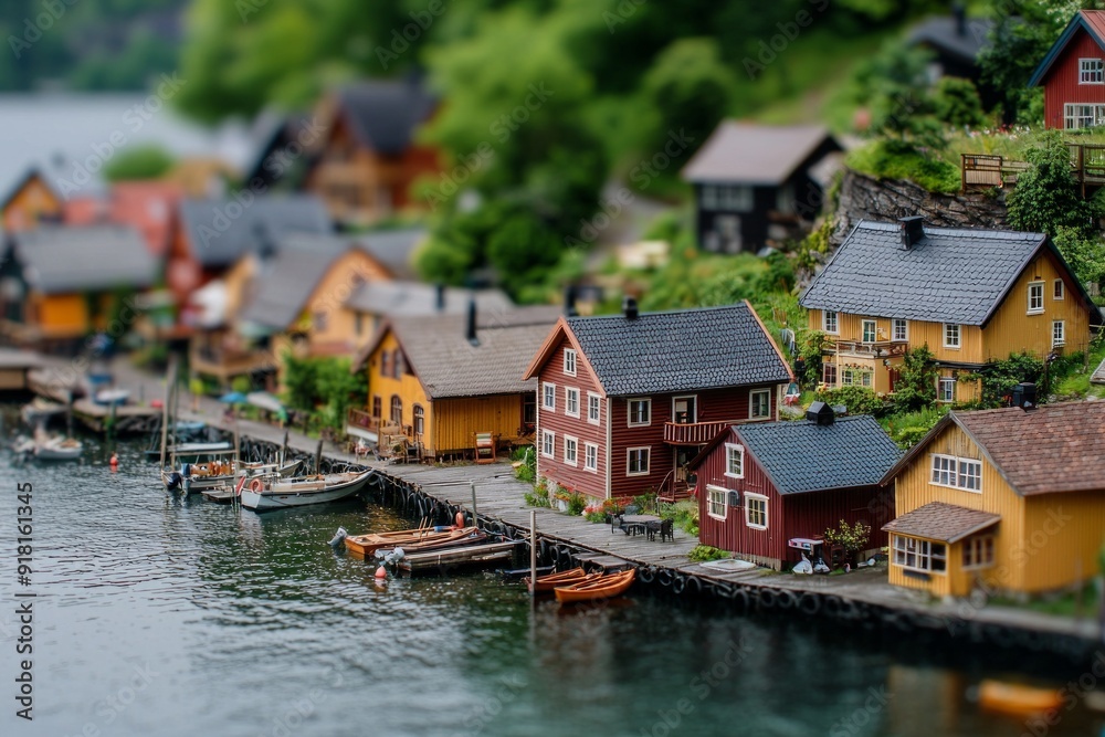 A serene lakeside village with tiny houses and boats, viewed through the tilt-shift effect. A serene lakeside village with tiny houses and boats, viewed through the tilt-shift effect.