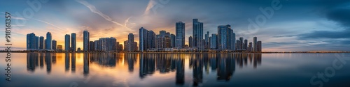 Panoramic view of a modern city skyline at sunrise, A city skyline is reflected in the water.
