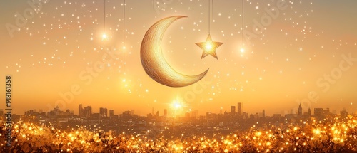 Crescent Moon and Star Urban Twilight Islam Religion Spiritual Symbol - Generative AI photo