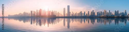 Panoramic view of a modern city skyline at sunrise, A city skyline is reflected in the water. 