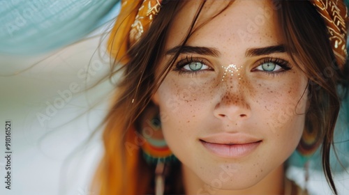 Young Woman With Intricate Face Jewelry Posing Outdoors During Golden Hour