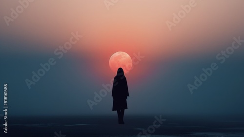 Woman Stands on Beach Watching Sunset Over Ocean Horizon