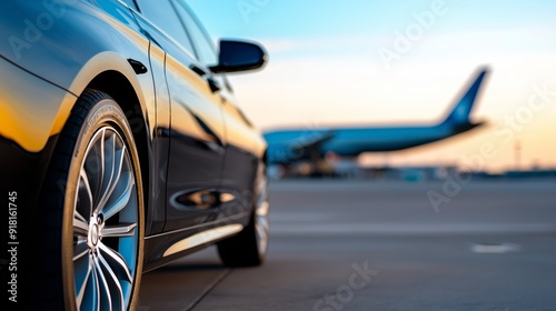 Fototapeta Naklejka Na Ścianę i Meble -  A shiny rental car parked at the airport, ready for pickup, with planes in the background and clear blue sky 