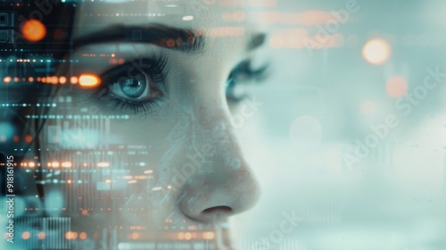 Close-Up of a Woman's Eye Surrounded by Digital Elements in a Futuristic Setting
