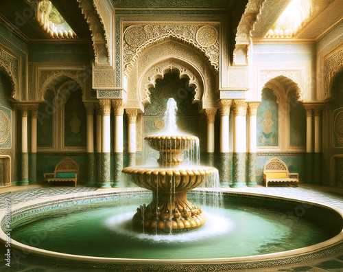 orientalischer Brunnen reich verziert mit Ornamenten fließendem Wasser in einer Umgebung, wie ein Palast im warmen Licht der goldenen Stunde mit Sonnenstrahlen Orient Indien Maharadscha  photo