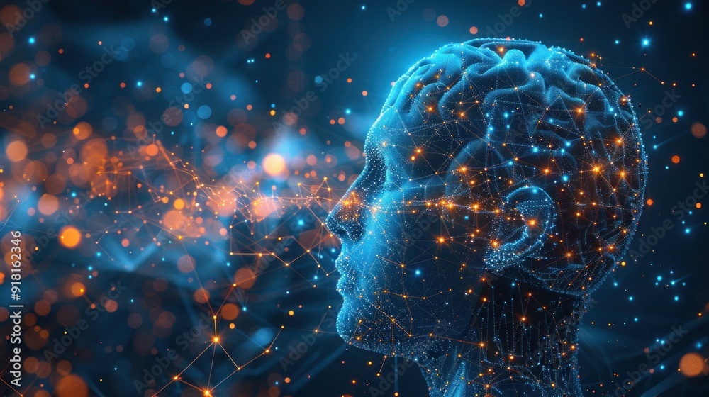 Digital Brainstorm: Creative Low Poly Wireframe Vector of Human Thinking with Cogs and Technology on Blue Background Digital Brainstorm: Creative Low Poly Wireframe Vector of Human Thinking with Cogs and Technology on Blue Background