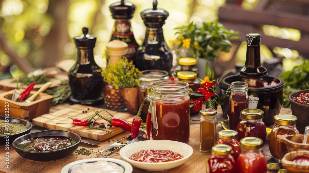Spicy Sauces and Condiments on a Rustic Wooden Table Spicy Sauces and Condiments on a Rustic Wooden Table