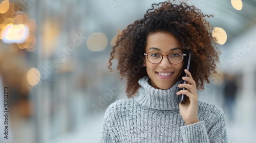 Smiling Young Woman in Glasses Holding Phone at Indoor Festival During Evening