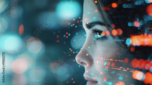 Close-Up of a Woman's Eye Surrounded by Digital Elements in a Futuristic Setting