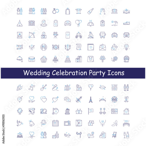 Wedding Festivities Icons Set, event icons, marriage, couple, bride and groom, wedding cheer, wedding day, wedding elements, wedding fun, wedding gatherings