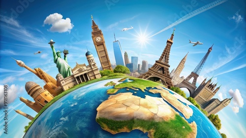 of a trip around the world with famous landmarks on a globe, world travel