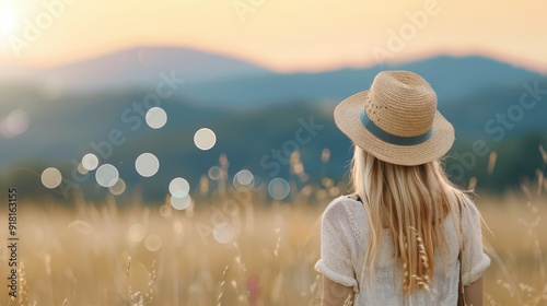 Woman in a Straw Hat Enjoying a Serene Sunset Over Rolling Hills