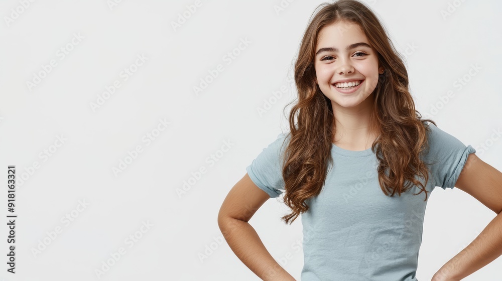 Happy Girl Standing with Hands on Hips on White Background, Perfect for Lifestyle and Fashion Concepts Generative AI Happy Girl Standing with Hands on Hips on White Background, Perfect for Lifestyle and Fashion Concepts Generative AI