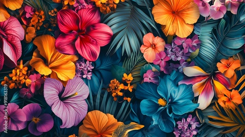 27. A vibrant floral pattern with a mix of tropical and exotic flowers in bright hues