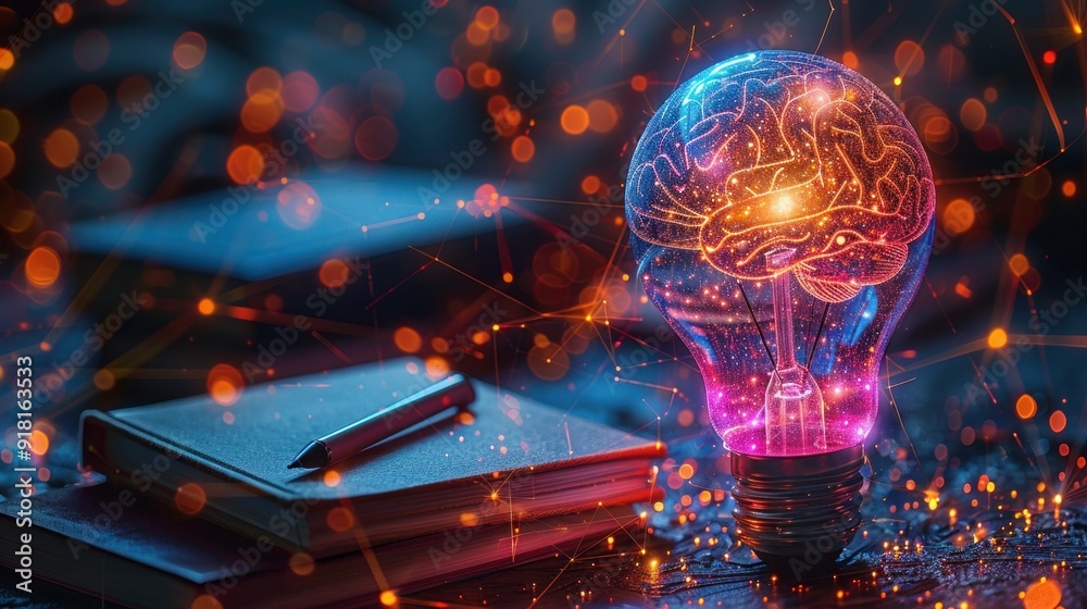 Obraz premium Brain Boost: Colorful Lightbulb with Books and Stationery - Education Concept