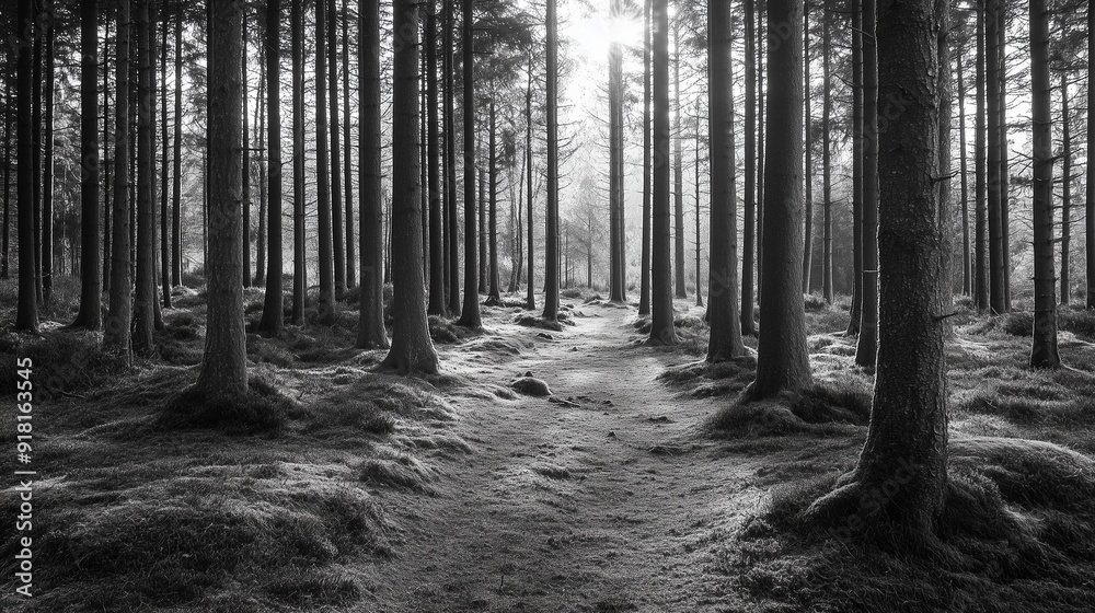 Naklejka premium black and white forest landscape, monochrome picture of forest background