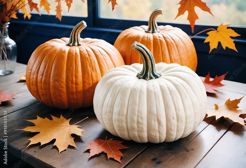 Orange and white pumpkins on a wooden table with autumn leaves in the background Orange and white pumpkins on a wooden table with autumn leaves in the background