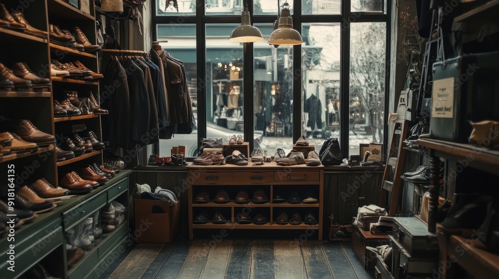 Shoe Store Interior with Wooden Shelving and Natural Light