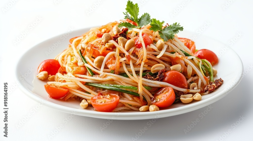 Traditional Thai Green Papaya Salad with Shrimp and Peanuts, Isolated on White Generative AI Traditional Thai Green Papaya Salad with Shrimp and Peanuts, Isolated on White Generative AI
