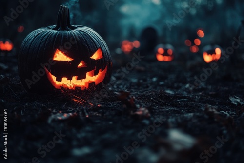 Ancient Graveyard Illuminated by Carved Pumpkins photo