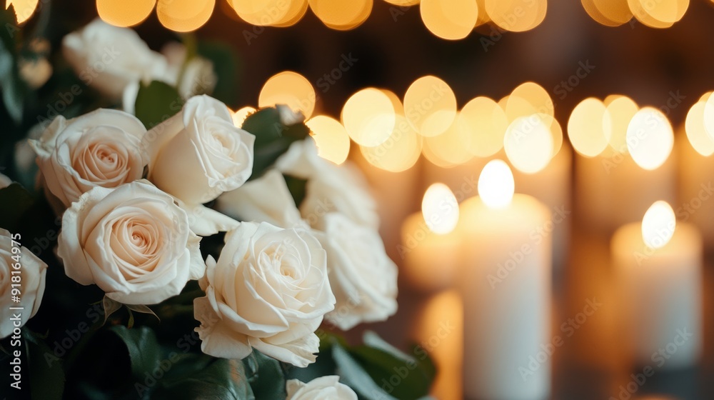 An elegant memorial site on All Saints' Day with white roses, candles, and a serene backdrop, creating a sense of peace and remembrance An elegant memorial site on All Saints' Day with white roses, candles, and a serene backdrop, creating a sense of peace and remembrance