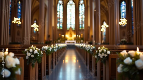 An elegant church interior on All Saints' Day, featuring softly lit candles, beautiful floral arrangements, and a peaceful atmosphere  photo