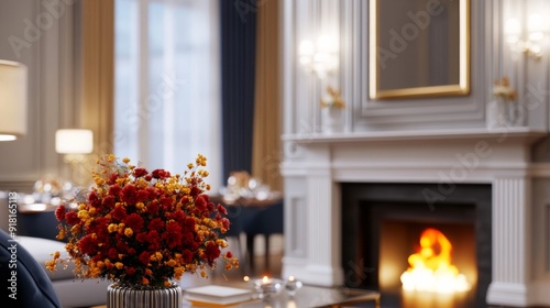 An upscale Thanksgiving living room with elegant decor, a roaring fireplace, and a beautifully set dining table in the background 