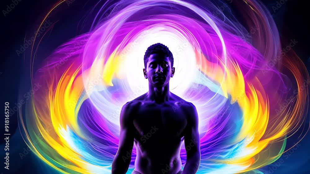 Man Meditating with Vibrant Aura of Colorful Light Swirls Man Meditating with Vibrant Aura of Colorful Light Swirls