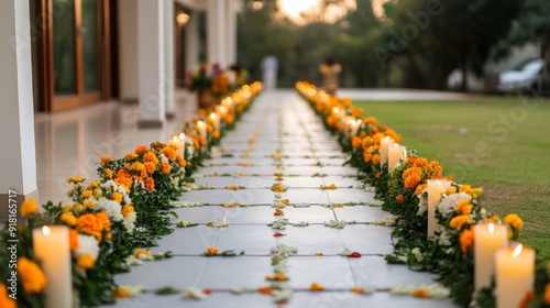 beautifully decorated entrance with Diwali torans (garlands) and rangoli designs, welcoming and festive atmosphere  photo