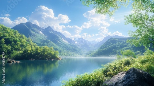 Serene Mountain Landscape with Lake and Forests for Travel or Nature Inspiration Generative AI