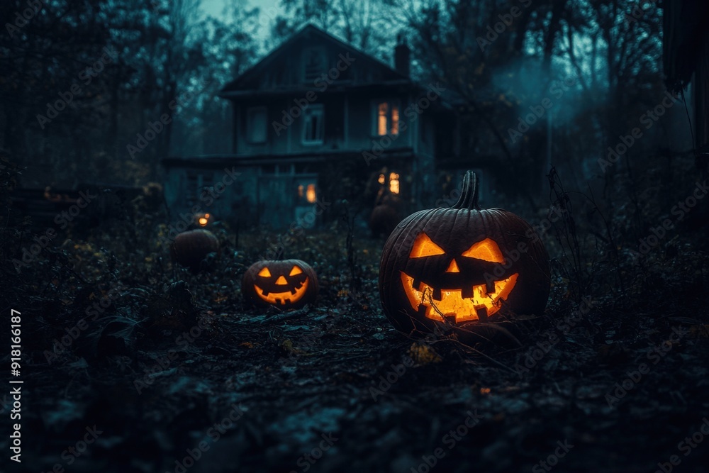 Abandoned House Decorated with Jack-o'-Lanterns Abandoned House Decorated with Jack-o'-Lanterns
