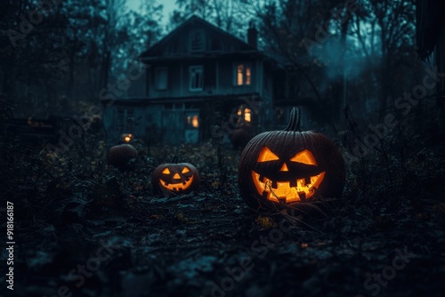 Abandoned House Decorated with Jack-o'-Lanterns photo