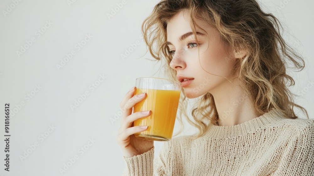 Casual Woman Enjoying Orange Juice on White Background Generative AI