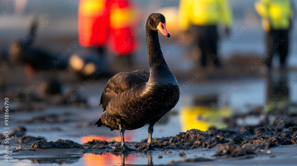 Fototapeta premium Black swan on a beach covered in oil spill residue, with rescue workers in the background 