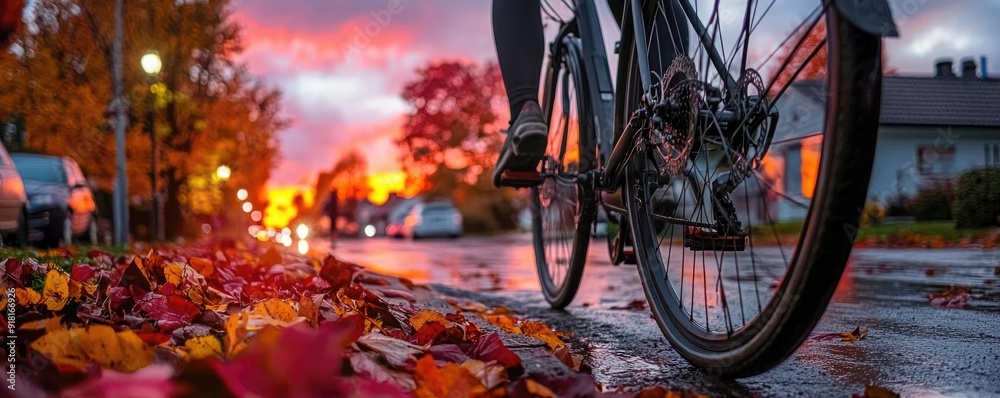 Fototapeta premium A bicycle wheel on a colorful autumn path with fallen leaves, illuminated by a vibrant sunset in the background.